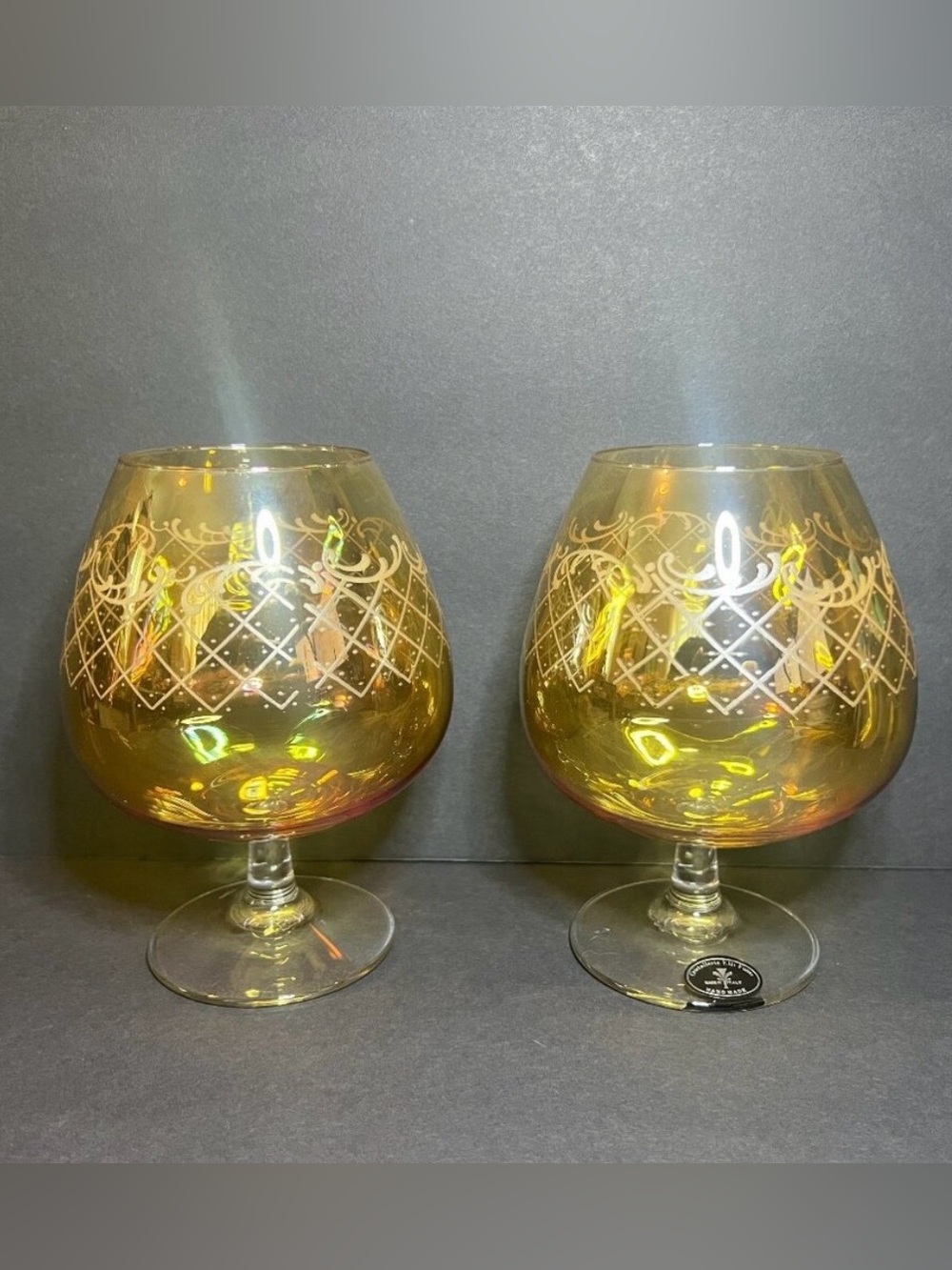 Vintage Set of 2 Cristalleria Fratelli Fumo Amber Colored Crystal Brandy Glasses